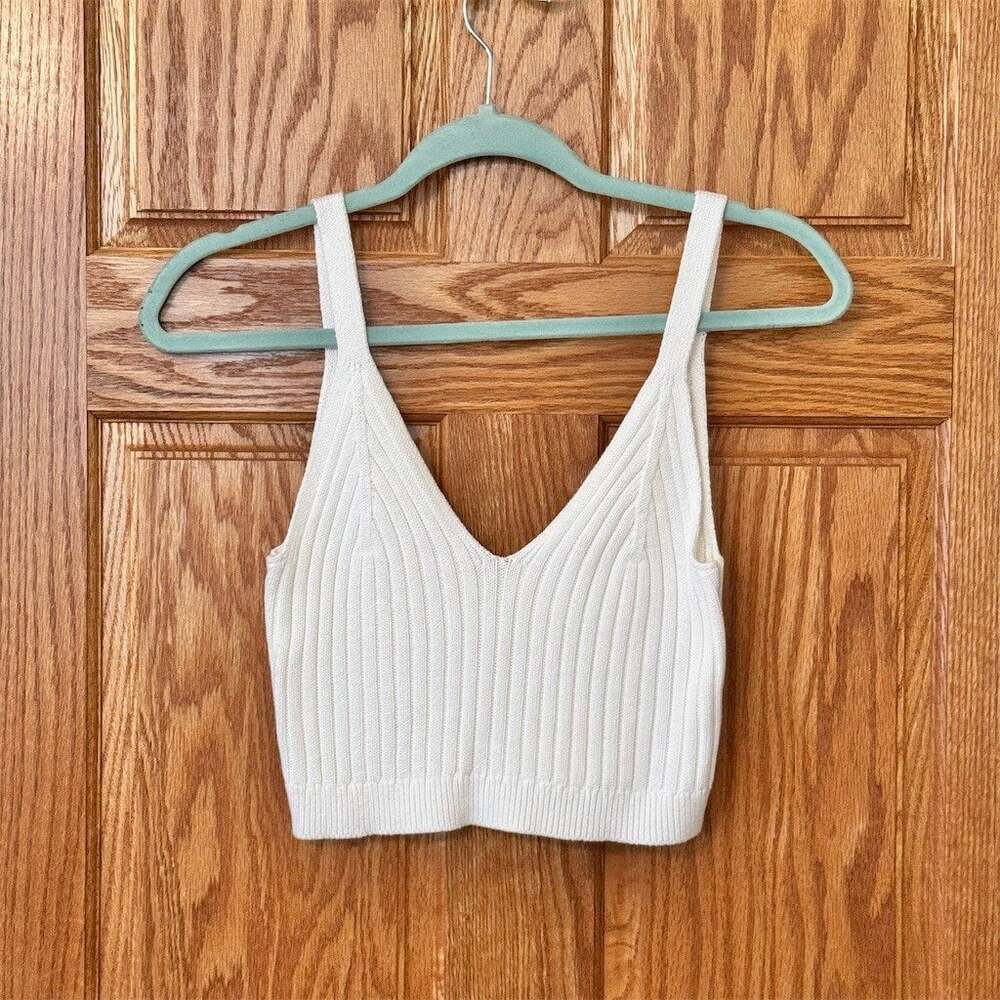 Aerie Brami Crop Tank Top Womens Size M Ivory Ribbed Knit V-Neck Stretch